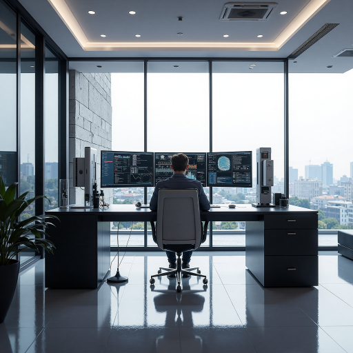 银行金融机构内部场景,现代化办公环境,工作人员正在使用智能系统进行数据分析