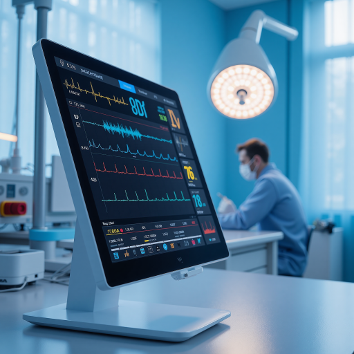 智慧医疗医院场景,医护人员正在使用智能医疗设备,病房配备先进的监护系统