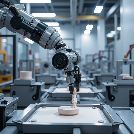 智能制造工厂车间,自动化生产线正在运行,工人与机器人协同作业,体现工业4.0概念