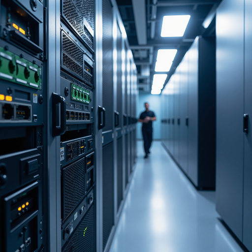 电商零售企业的数据中心,服务器机房整齐排列,技术人员正在监控系统运行状态