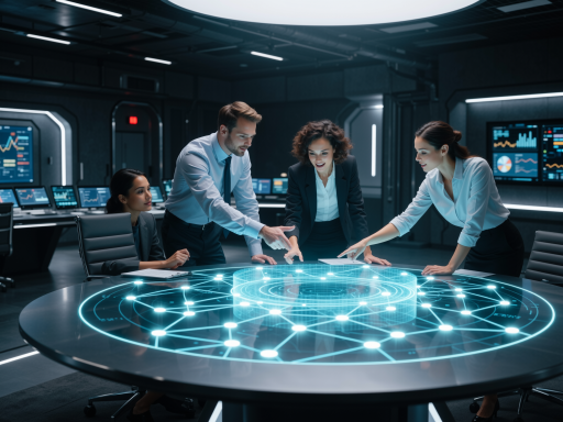 现代化办公室场景，展示高科技设备和智能系统界面，年轻专业团队正在操作智能控制台，蓝色灯光营造科技氛围